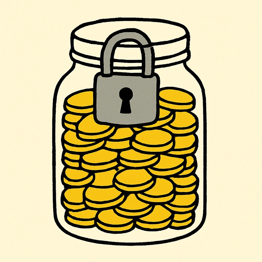 A glass jar filled to the neck with gold coins, a grey padlock closed over the lid