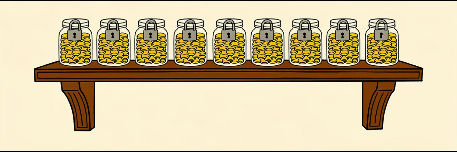 A wooden mantle shelf holding nine identical glass jars, each packed with gold coins and closed with a padlock